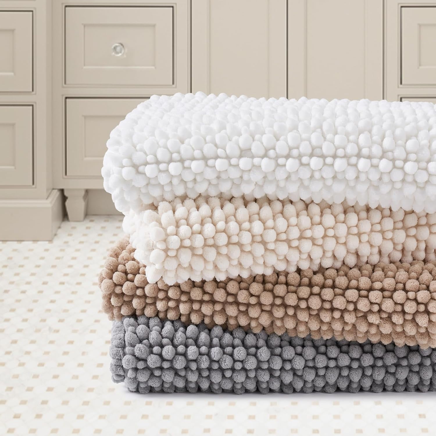 FRESHMINT Chenille Bathroom Rugs 2 Piece Set 17''x24''+20''x32'', Non-Slip & Absorbent Bath Mats, Washable Shower Floor Mat, White