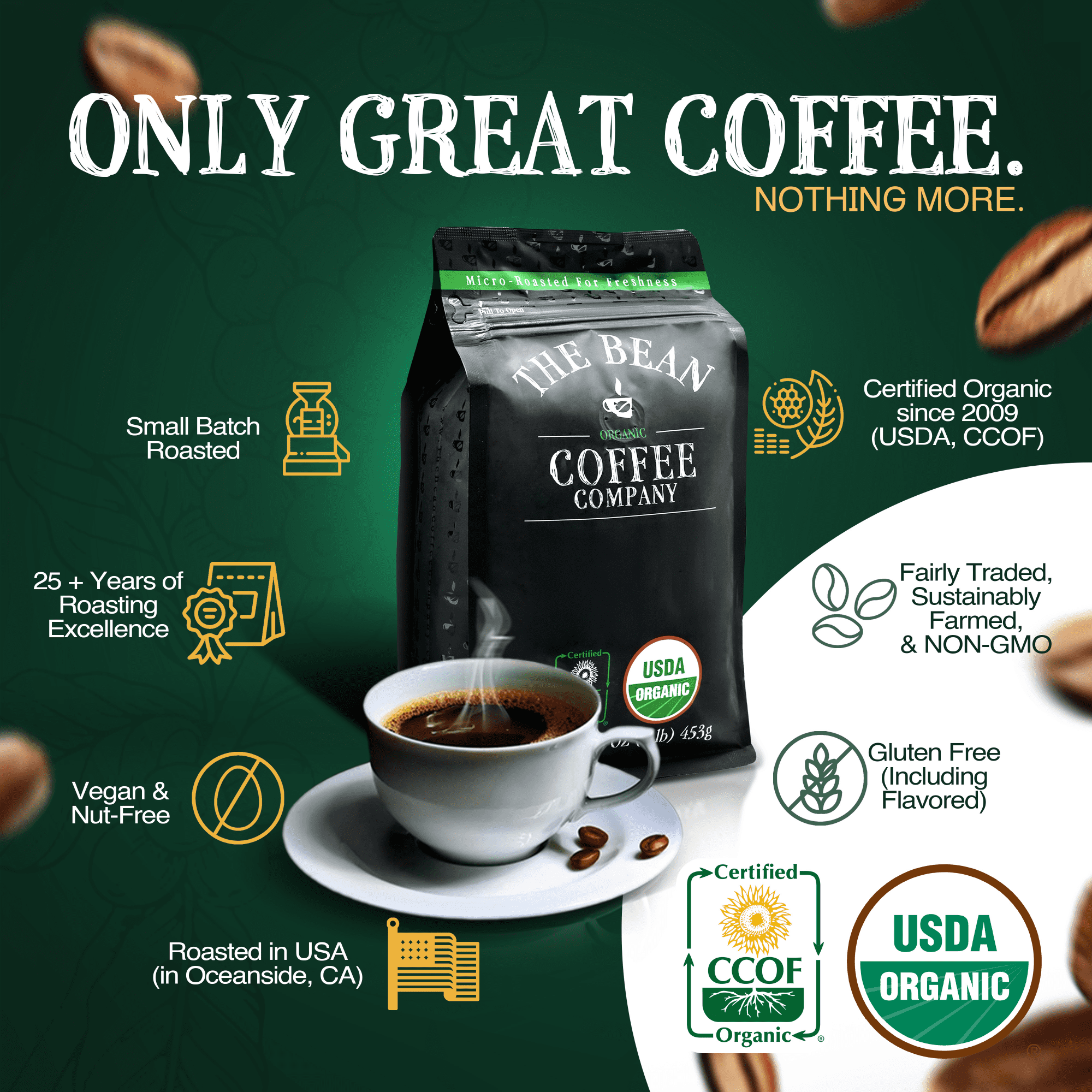 The Bean Organic Coffee Company Premium Espresso, Dark Roast, Ground Coffee, 16-Ounce Bag