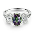 thumbnail image 2 of Gem Stone King 10K White Gold 8X6MM Oval Green Mystic Topaz and 6X4MM Oval White Lab Grown Diamond 3-Stone Engagement Ring for Women | 2.42 Cttw | Available in Size 5,6,7,8,9, 2 of 5