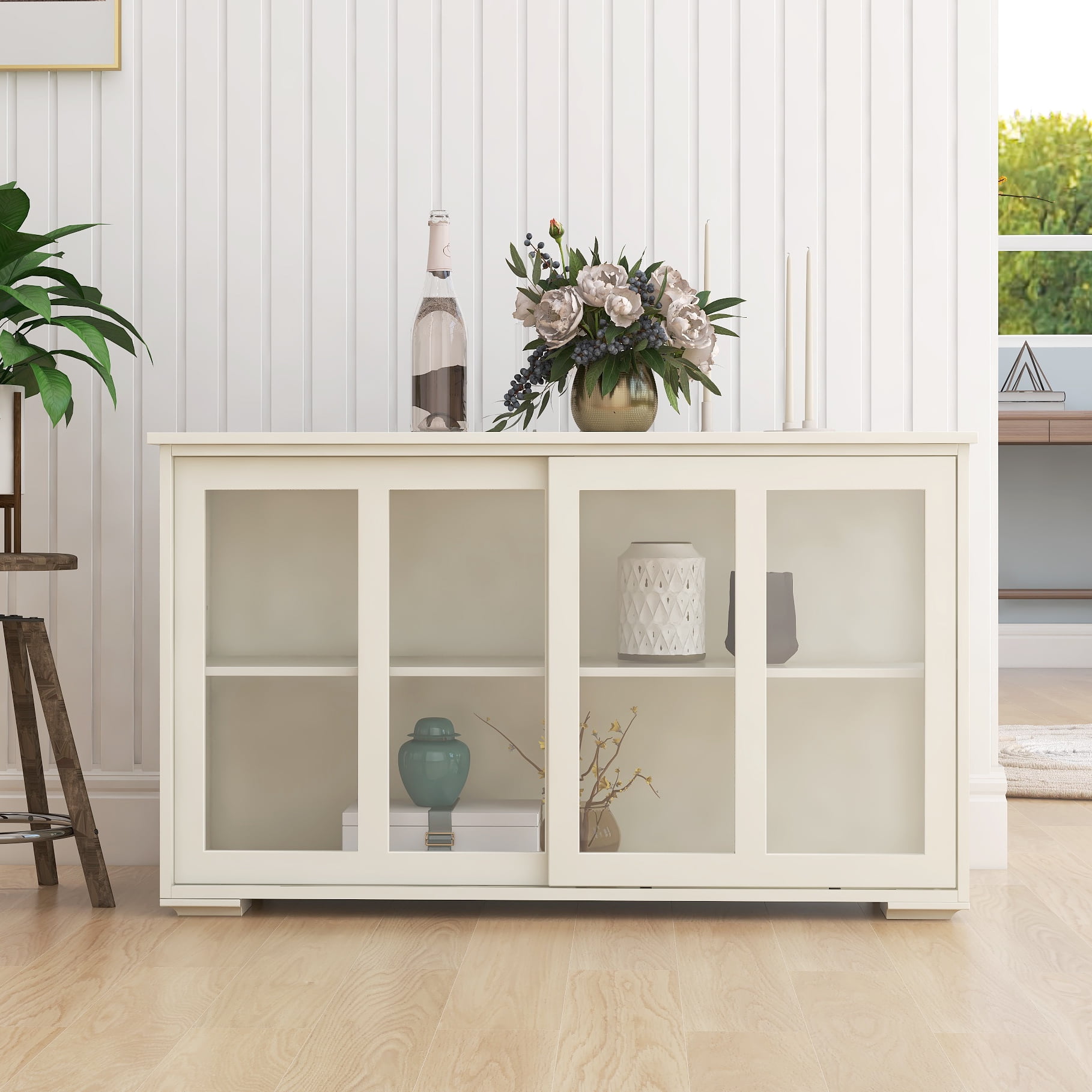 Kitchen Storage Cabinet,Sideboard Buffet Cupboard with Glass Door,Pantry Organizer, Freestanding Kitchen Cabinet,White
