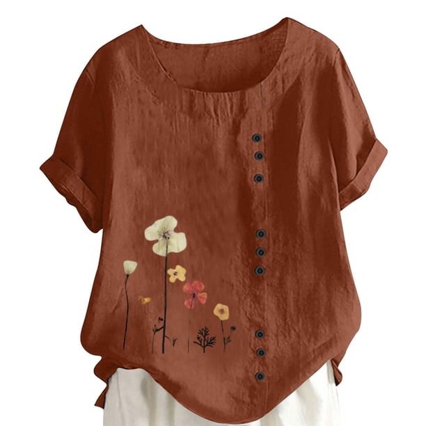Camiseta Casual de Manga Corta con Botón de Cuello Redondo de las Mujeres, Tops Cortos para las Mujeres