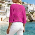 thumbnail image 3 of Ounisa Boho Crochet Tops for Women 3/4 Length Sleeve V Neck Hollow Out Knit Sweater Shirt Summer Lightweight Beach Cover Ups, 3 of 5