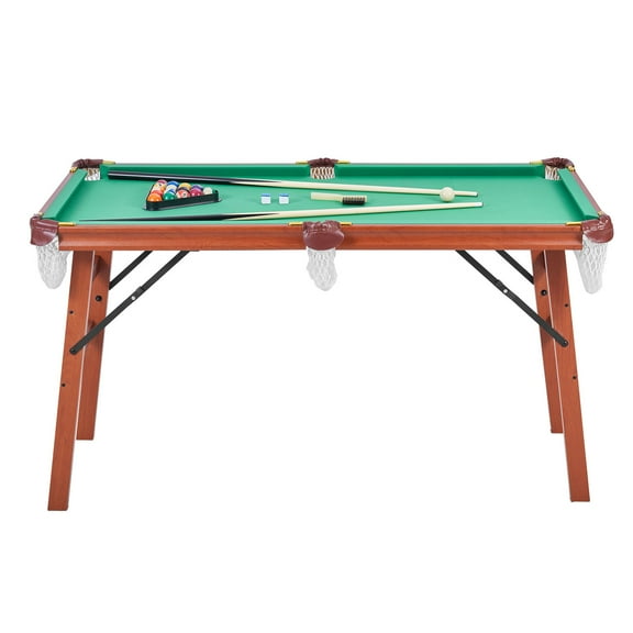 KFFKFF Folding Pool Table, 4.5 ft Compact Billiards Table, Space-Saving Design with Accessories Including Balls, Cues, Rack, Chalk, and Brush, Brown Frame with Blue Cloth