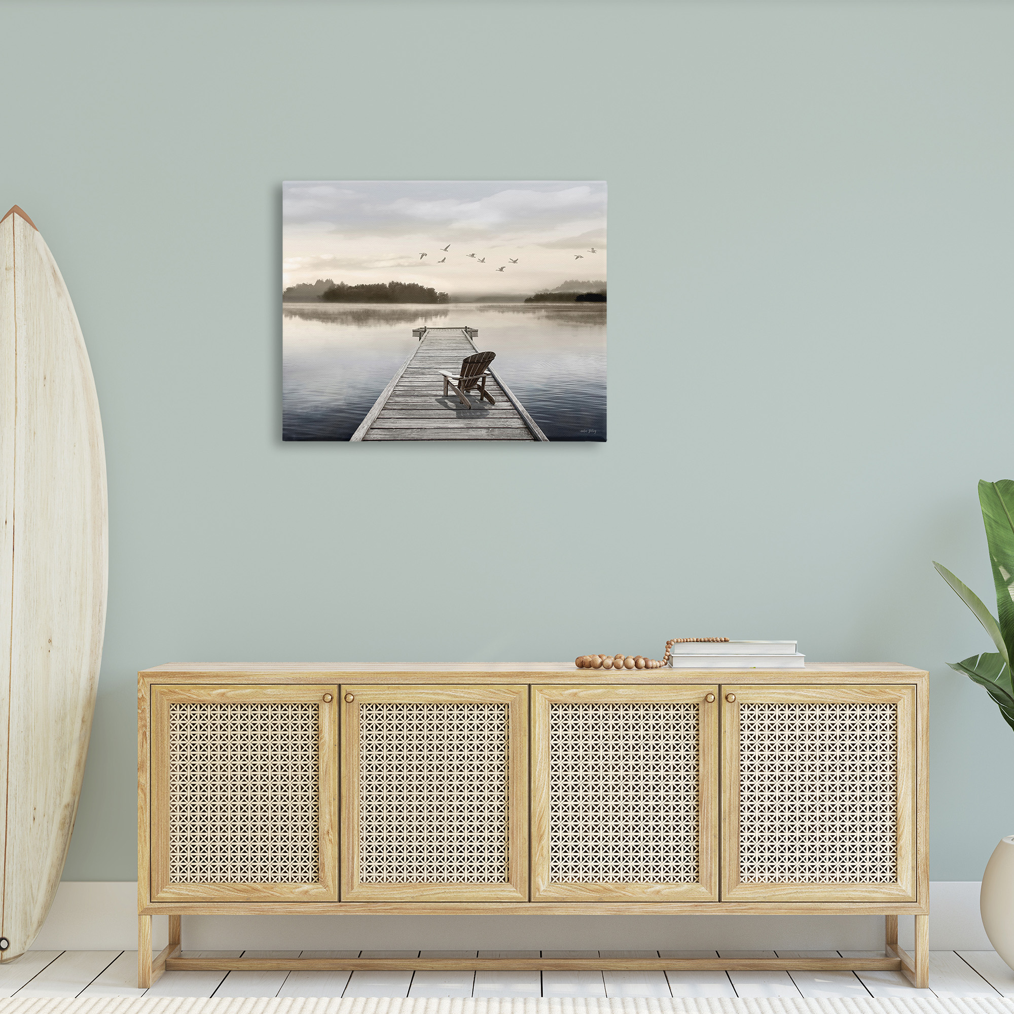 Stupell Industries Beach Chair on Dock Landscape Painting Gallery Wrapped Canvas Art Print Wall Art, 40 x 30
