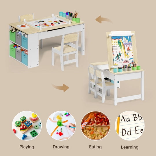 Aiho 3 in 1 Kid Table & Chair Set, Child Activity Table, Kids Table Set Painting with Cabinet for Daycare, Classroom, Home - Natural