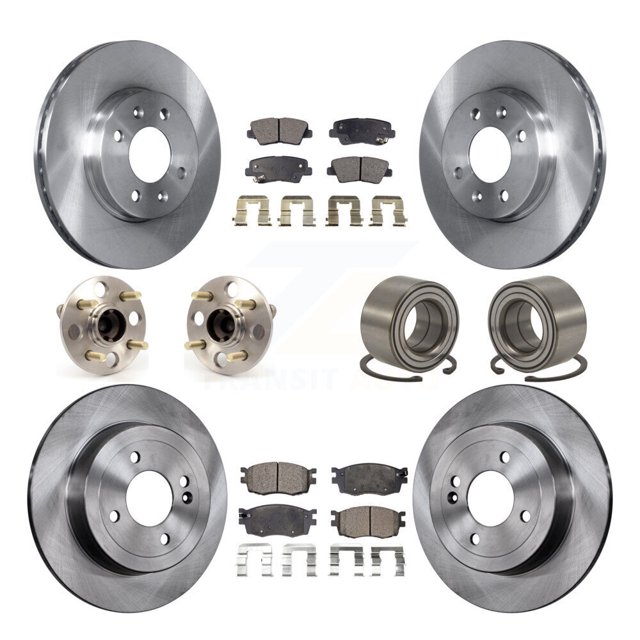 Transit Auto Roulements de Moyeu de Roue avant Arrière Assemblage Rotors de Frein à Disque et Kit de Tampons Semi-Métalliques (10 Pcs) pour Voiture 2011 Hyundai Accent Non-ABS - Côté Gauche Droit (Conducteur Passager) KBB-106251
