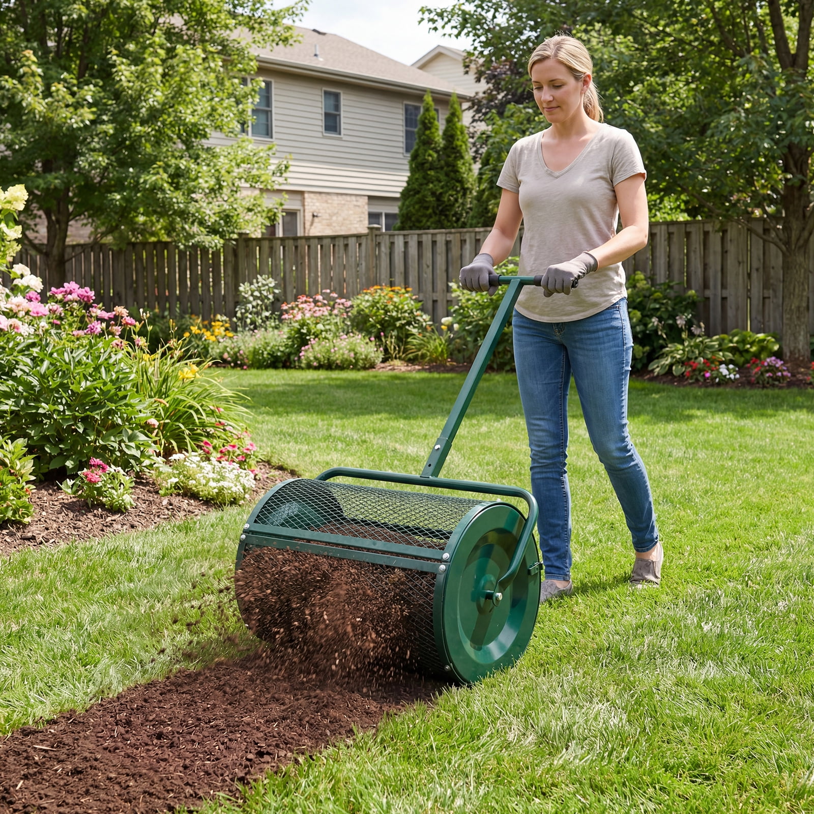 Gymax Compost SpreaderPeat Moss Spreader Roller w/Height-adjustable T-shape Handle Green