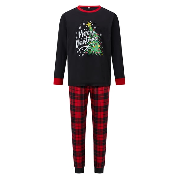 RUINIXCW Family Christmas Pajamas Matching Set Christmas Tree Letters Print Long Sleeve Crew Neck Tops and Plaid Pants Loungewear