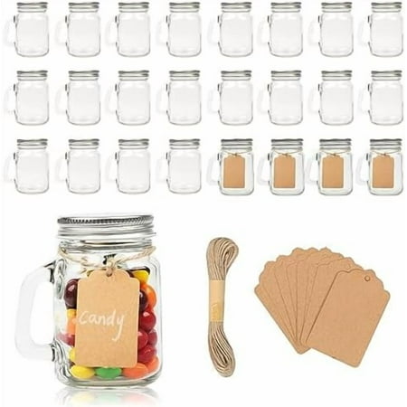4 oz Small Mason Jar Mugs with Handle, 24 Pack Mini Glass Jars with Airtight Metal Lids, Empty Glass Mugs with Kraft Paper Gift Tag for Party Wedding Favor