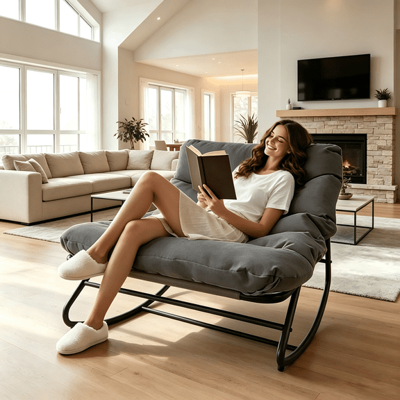 Single Oversized Rocking Recliner Chair, Comfort Glider Rocking Lounge Chair with Detachable Machine Washable Plush Cushion, Stable Full Steel Tube Rocker Chair for Indoor Bedroom, Living Room