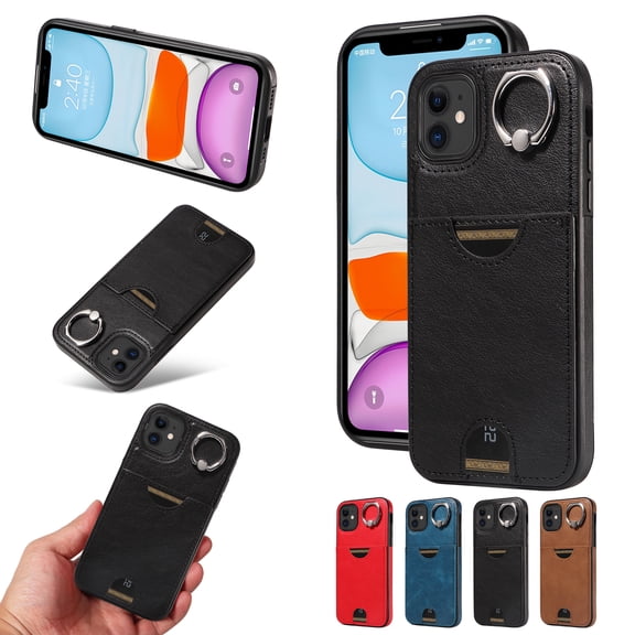 ELEHOLD Case for iPhone 11, Soft TPU Leather Wallet Case Cover with Ring Stand & Card Holder for Women Men,Black
