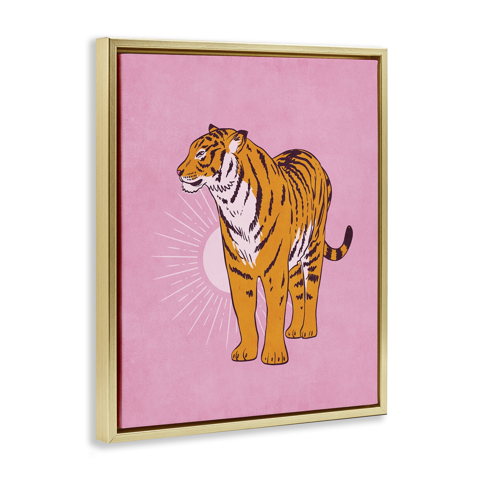 Stupell Industries Preppy Tiger Standing Animals Painting Gold Floater Framed Canvas Art Print Wall Art, 17 x 21