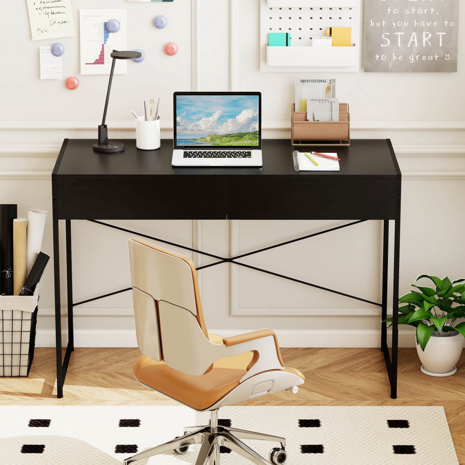Costway Modern 2-Drawer Computer Desk wIth Reinforced Heavy-Duty Metal Frame Anti-Tip Kit