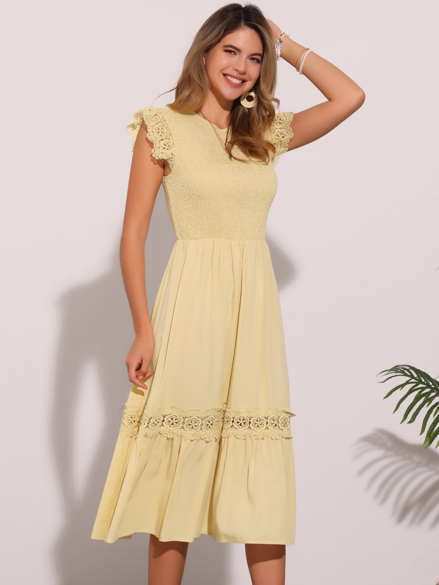 DARING DIVA Boho Midi Flutter Sleeve Lace Trim Ruffle Beach Dress L Yellow