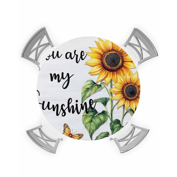 nqOlkjepod Yellow Sunflower Round Tablecloth, Fitted Table Cover with Elastic for 55"-60" Round Tables, Butterfly Sunshine Farmhouse Country Table Cloth Outdoor Dinning Party Waterproof Tablecloths