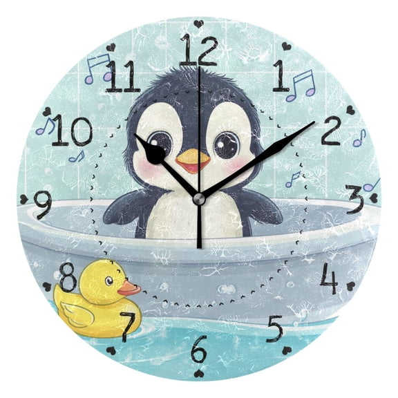 Cartoon Penguin in Bathtub Round Wall Clock Silent Analog Battery Operated Black Pointer Home Decor 9.84" Diameter