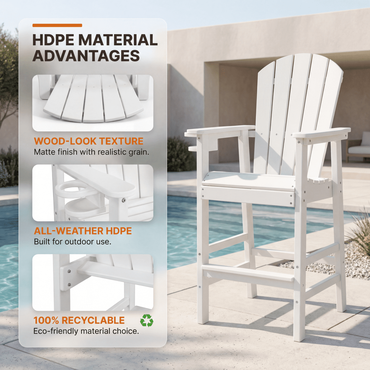 HDPE Bar Height Adirondack Chair All-Weather Outdoor Patio Chair with Cup Holder (White)