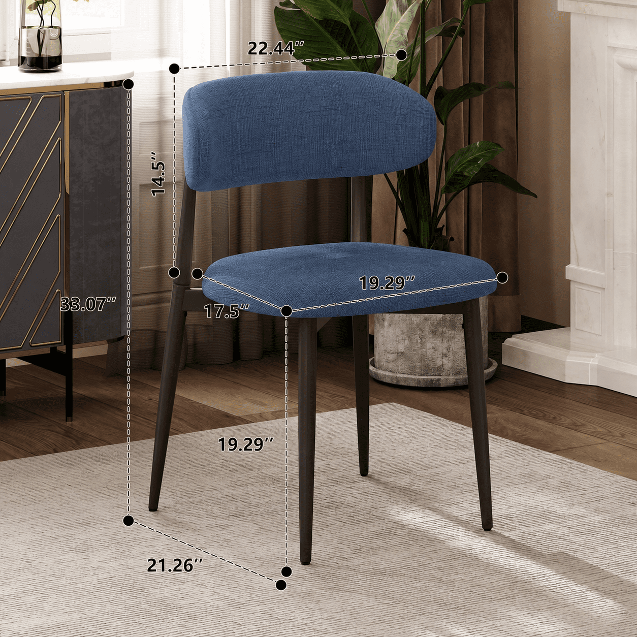 Dining Chairs Set of 2, Metal Kitchen Chairs with Modern Linen Fabric Upholstered for Dining Room, Navy Seat
