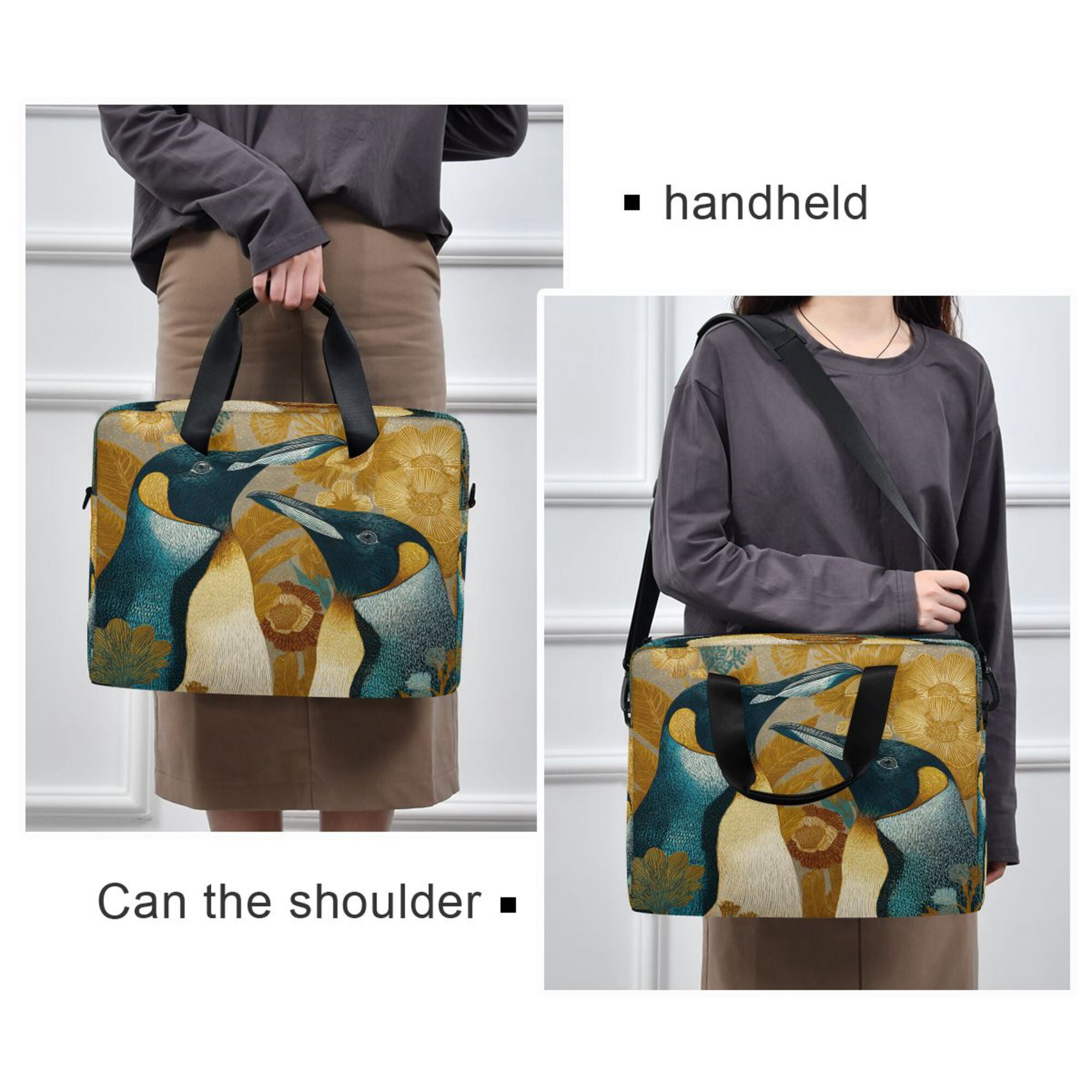 16" Laptop Briefcase, Detachable Anti-Slip Shoulder Strap, Multi-Compartment Work Travel Bag Two Penguins
