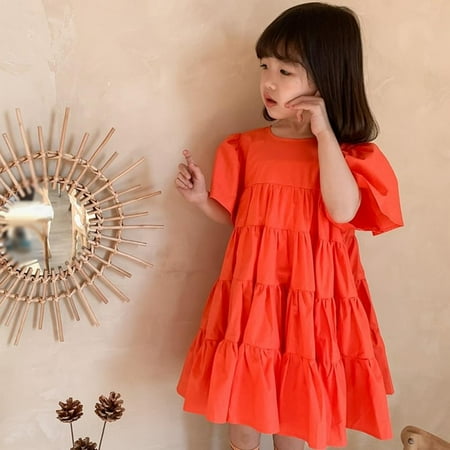

Summer Girl s Princess Dress Round Neck Bubble Sleeve Solid Color Ruffled Korean Style Cute Ruched Ball Gown Kids Clothes