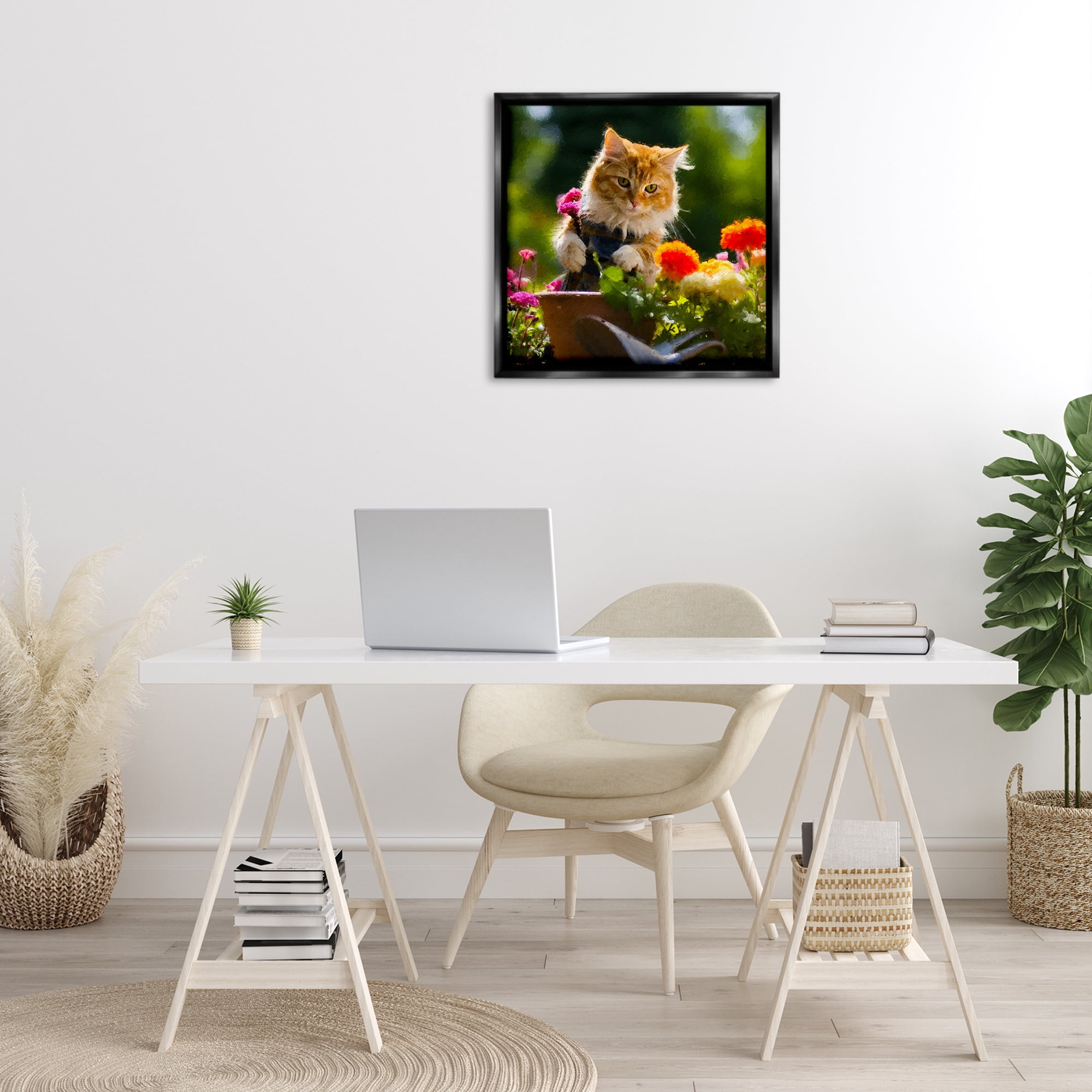 Stupell Industries Spring Gardener Kitten Animals & Insects Painting Black Floater Framed Canvas Art Print Wall Art, 25 x 25
