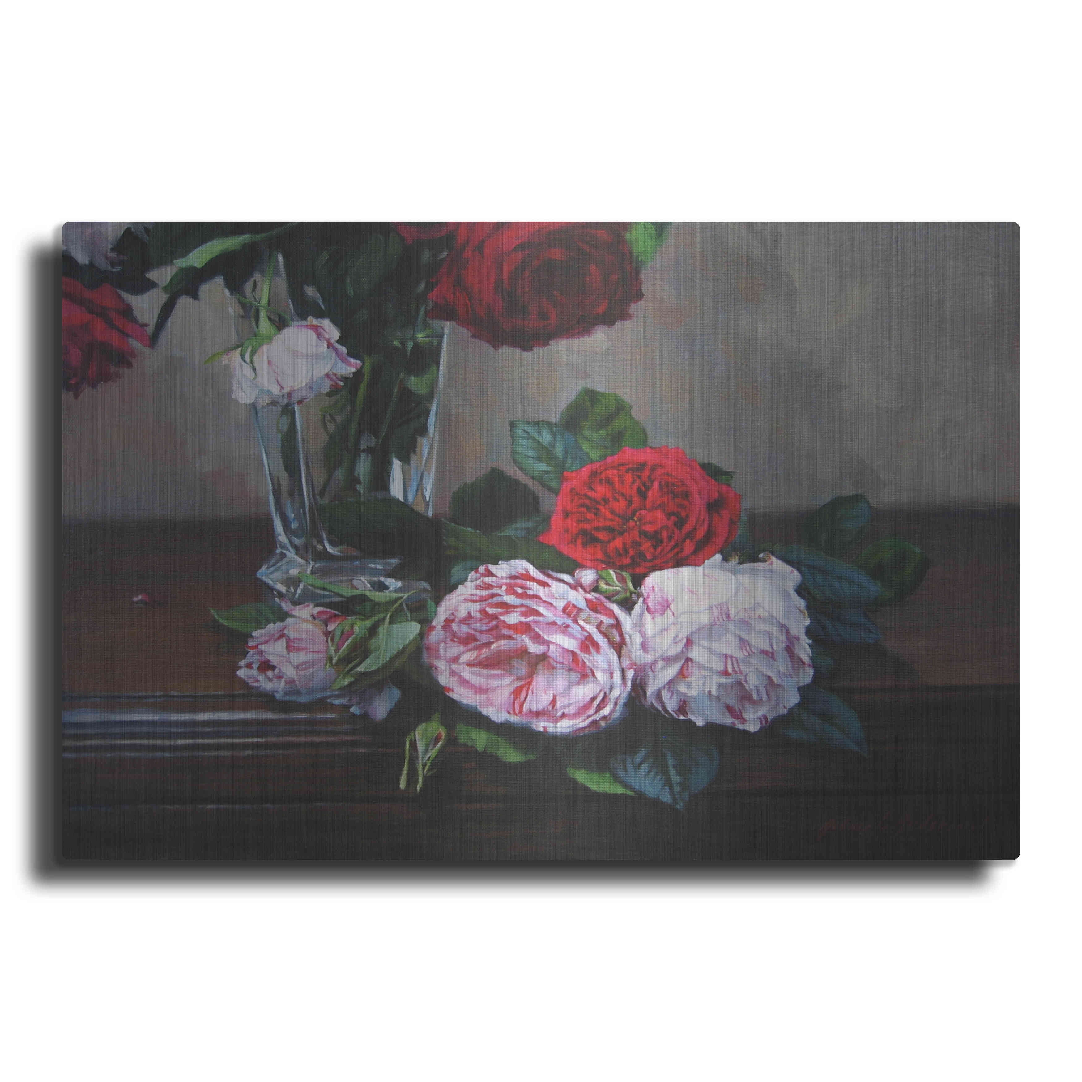 Metallic Roses Painting Luxe Metal Art 'Ruby And Peppermint Roses' by Robin Anderson, Metal ...