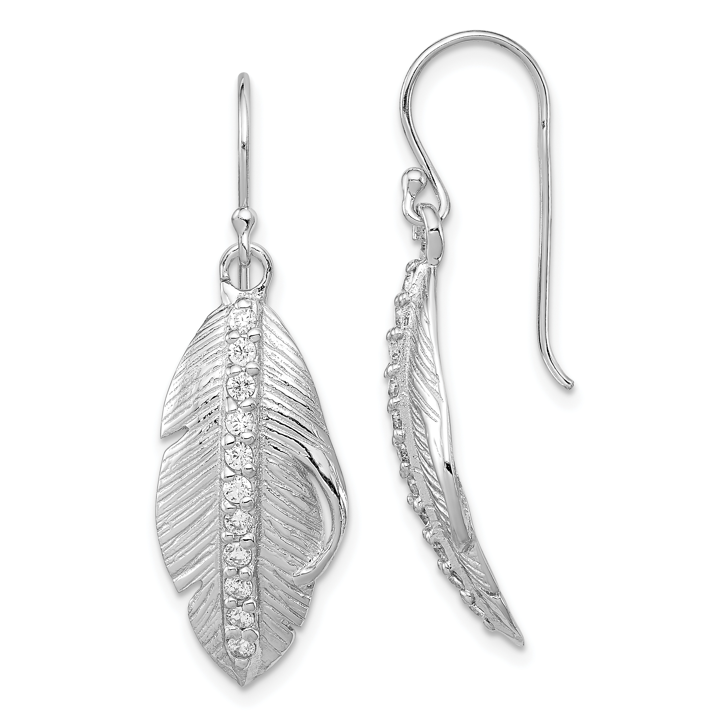 925 Sterling Silver Cubic Zirconia Cz Textured Feather Shepherd Hook Drop Dangle Chandelier Earrings Outdoor Nature Fine Jewelry For Women Gifts For Her - image 1 of 6