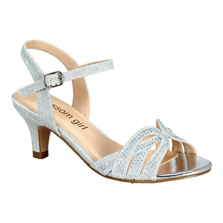 Blossom Girl - Girls Silver Sparkle Rhinestone Accent Low Heel Sandals ...