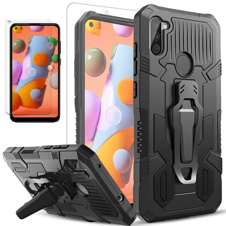 Samsung Galaxy A20 Case, Dual Layers [Combo Holster] And Built-In Kickstand Bundled with [Temerped Glass Screen Protector] Hybird Shockproof (Black)