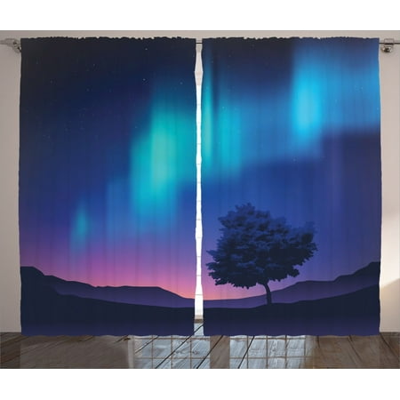 Fantasy 2 Light - Fantasy House Decor Curtains 2 Panels Set, The Northern Lights With A Tree In Arctic Region Magical Rare Sky Up View Print, Living Room Bedroom Accessories, By Ambesonne