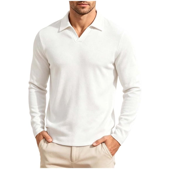 Hngshg Knitted Tops for Men Thermal Lapel V Neck Pullover Sweaters Breathable Long Sleeve Solid Color Clothes
