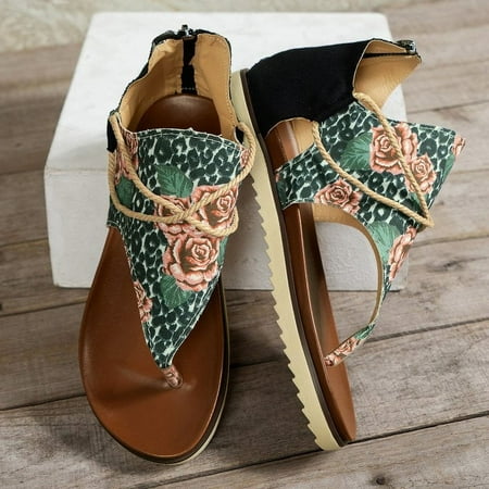 

SHYBNM 2024 Women s Sunflower Printed Flat Sandals Open Toe Back Zipper Thong Canvas Shoes Casual Anti-skid Sandals