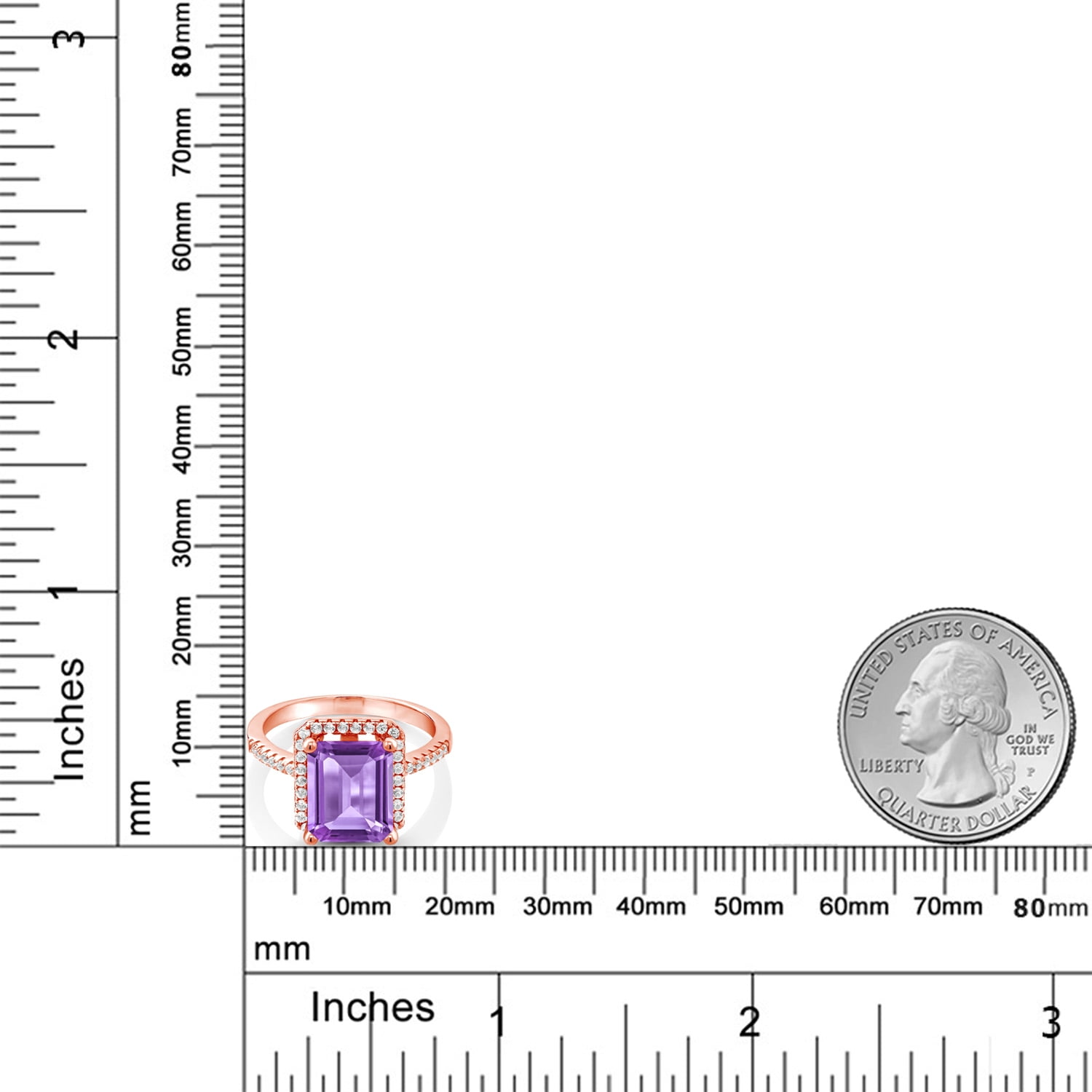 Gem Stone King 18K Rose Gold Plated Silver Purple Amethyst Engagement Ring for Women (3.86 Cttw, Emerald Cut 10X8MM, Gemstone February Birthstone, Size 6)