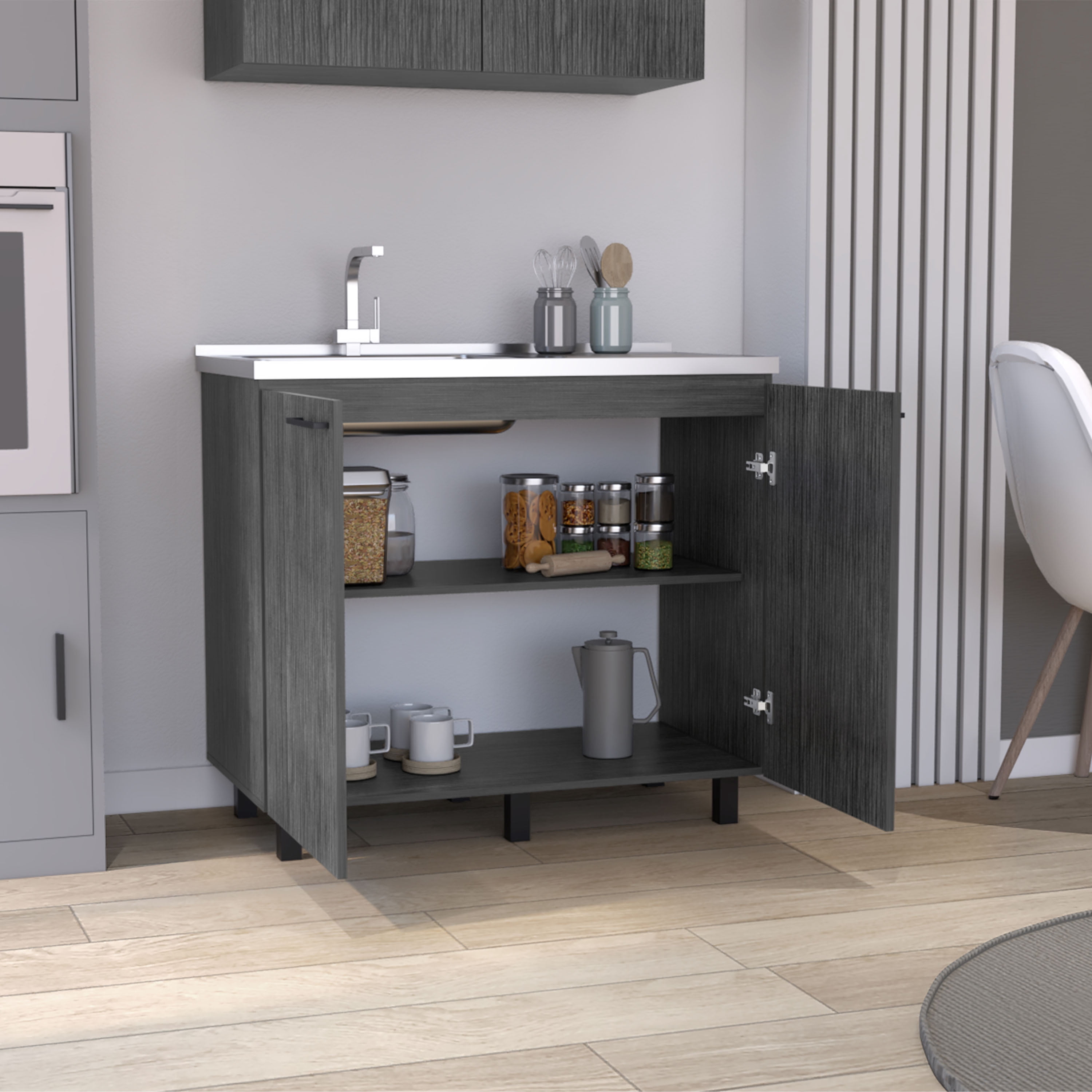 Izzovium Napoles 2 Utility Sink with Cabinet, 39.4x20.4x30.8in, Stainless Steel Countertop & Smokey Oak Shelf, Smoke Grey for Kitchen/Laundry