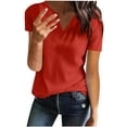 thumbnail image 2 of YYDGH Womens Short Sleeve V Neck Ribbed T Shirts Loose Fit Summer Casual Knit Tunic Dressy Tops Red S, 2 of 5