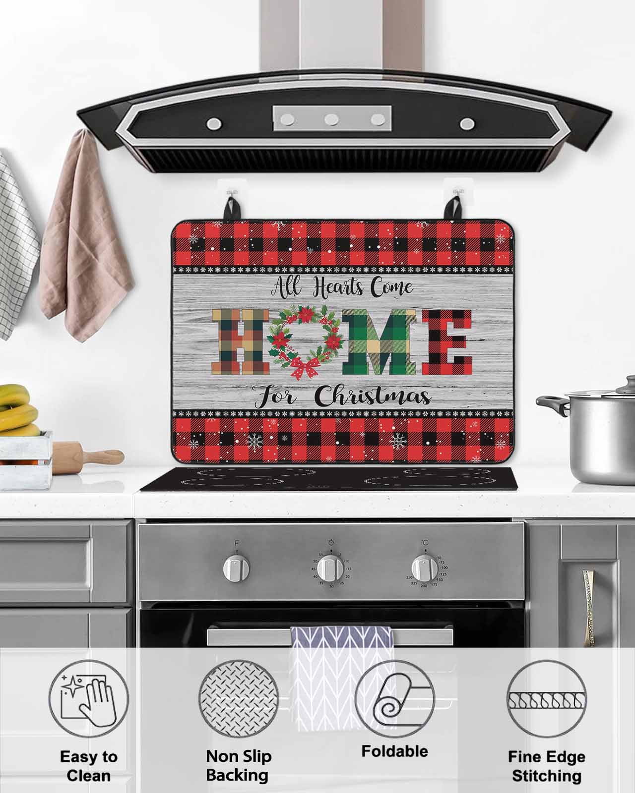 Large Induction Cooktop Protector Mat Christmas Stove Top Covers for Electric Stove, Winter Poinsettia Wooden Grain Red Black Plaid Decorative Stove Burner Cover Mats, Glass Top Stove Cover