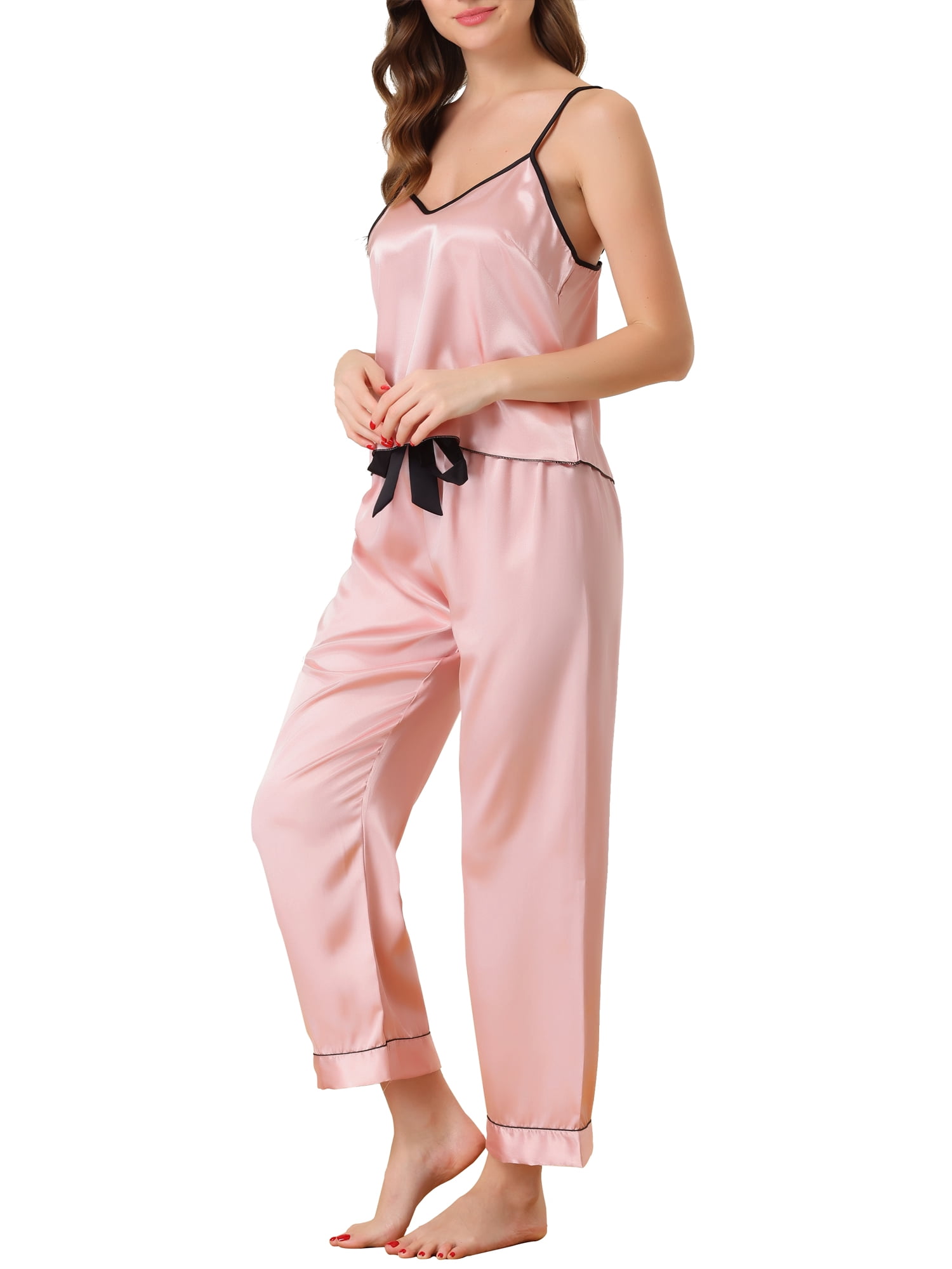 Unique Bargains Women's Suspenders Soft Ice Silk Pajamas 3 Piece Sleepwear Sets