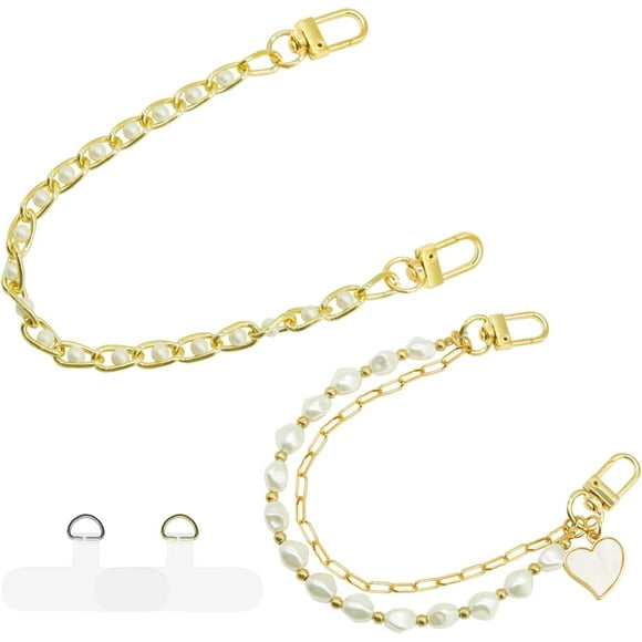 HWZWT 2Pcs Phone Wristlet Strap Decoration, Gold Pearl Heart Wristlet Strap Phone Chain Wristlet Decor Phone Charms Strap Wrist Lanyard, Chain Cell Phone Wrist Strap for Phone Case Wallet Cam