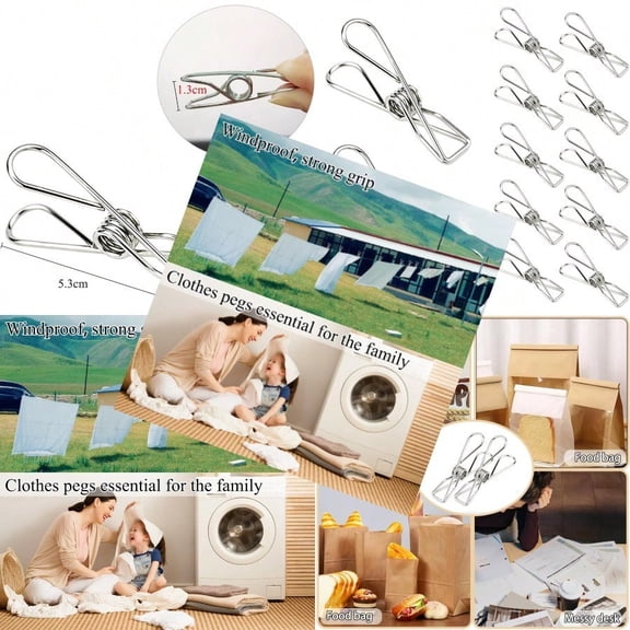 Laundry Clothes Pins Clips 50 Pack Stainl Steel Heavy Duty Laundry Peg Metal Clip Clothespins for Hanging Outdoor Clothesline Snack Bags Towel Pictures Office