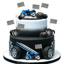 Motorcycle Theme Cake Decorations Set - 3D Racing Party Supplies with Checkered Flags & Tires, Soft Rubber Decor Kit