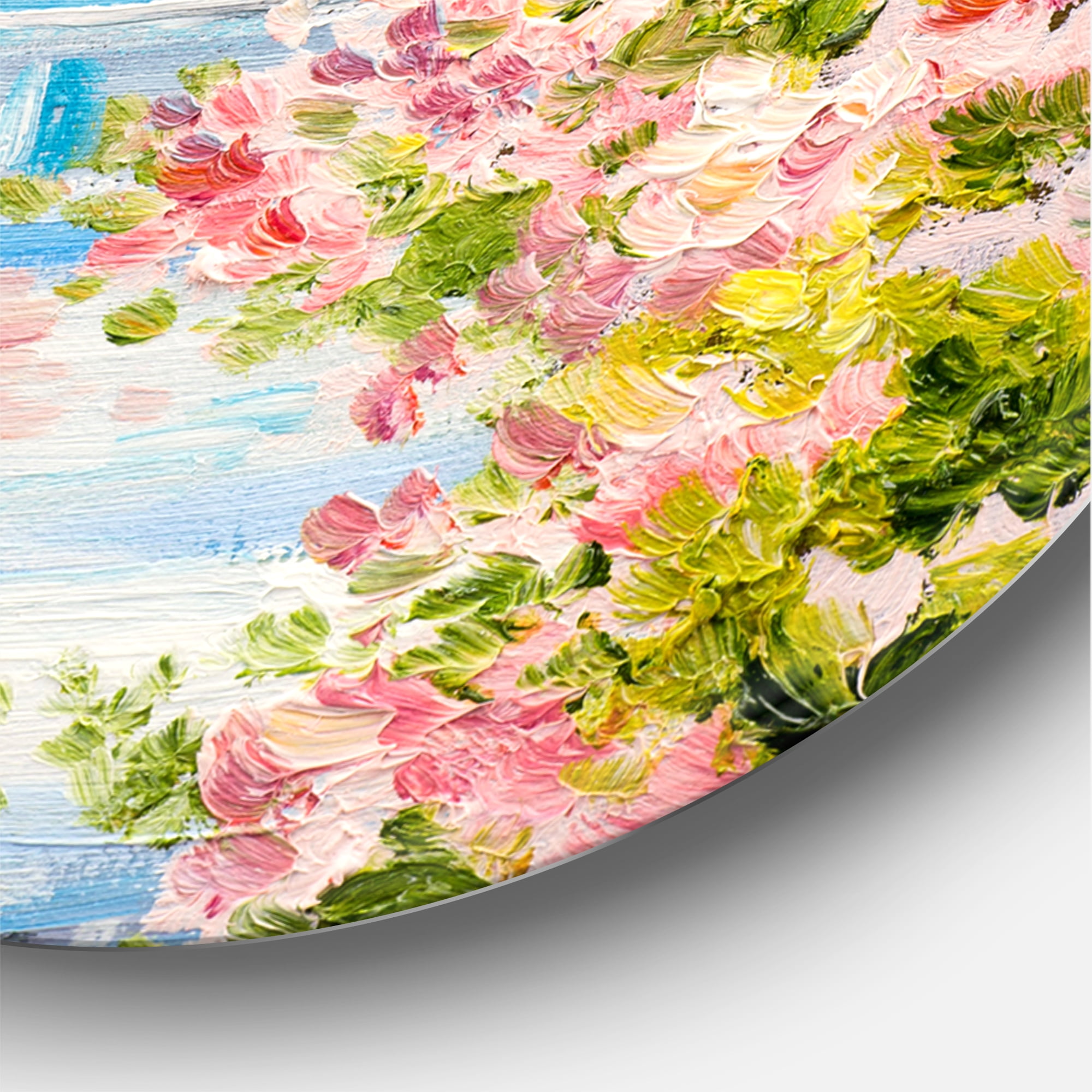 Designart 'Pink Flowers With Traditional Greek House' Nautical & Coastal Circle Metal Wall Art 11x11 - Disc of 11
