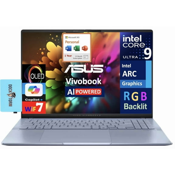 ASUS Vivobook AI Business Laptop 16.0in OLED 2.8K Display (Intel Ultra 9-285H, 32GB LPDDR5X, 4TB PCIe SSD, Intel Arc, RGB KB, Win 11 Home) w/Microsoft 365 Personal , DKZ USB Port Expander
