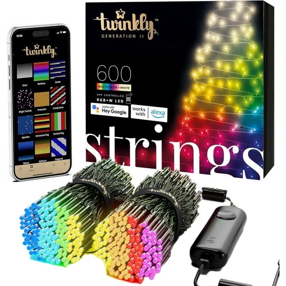 Twinkly App-Controlled 157.5ft Smart String LED Lights with 600 RGB W LEDs - WiFi & Bluetooth Connectivity, Sync with Music, Indoor/Outdoor Use (IP44), Compatible with Google Assistant & Amazon Alexa