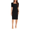 thumbnail image 2 of Vestido de lápiz INSPIRE CHIC para mujeres, con mangas abullonadas, abertura trasera, estilo casual de negocios, escote cuadrado, color negro, 2 of 6