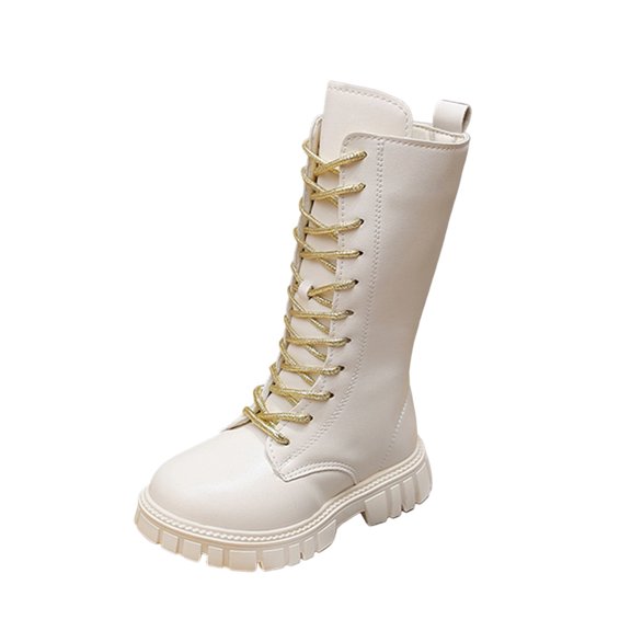 OGLCCG Lace Up Comfort Boots Girls Leather Side Zipper Round Toe Lug-Sole Mid Calf Booties Punk Goth Winter Boots for Little Big Kid