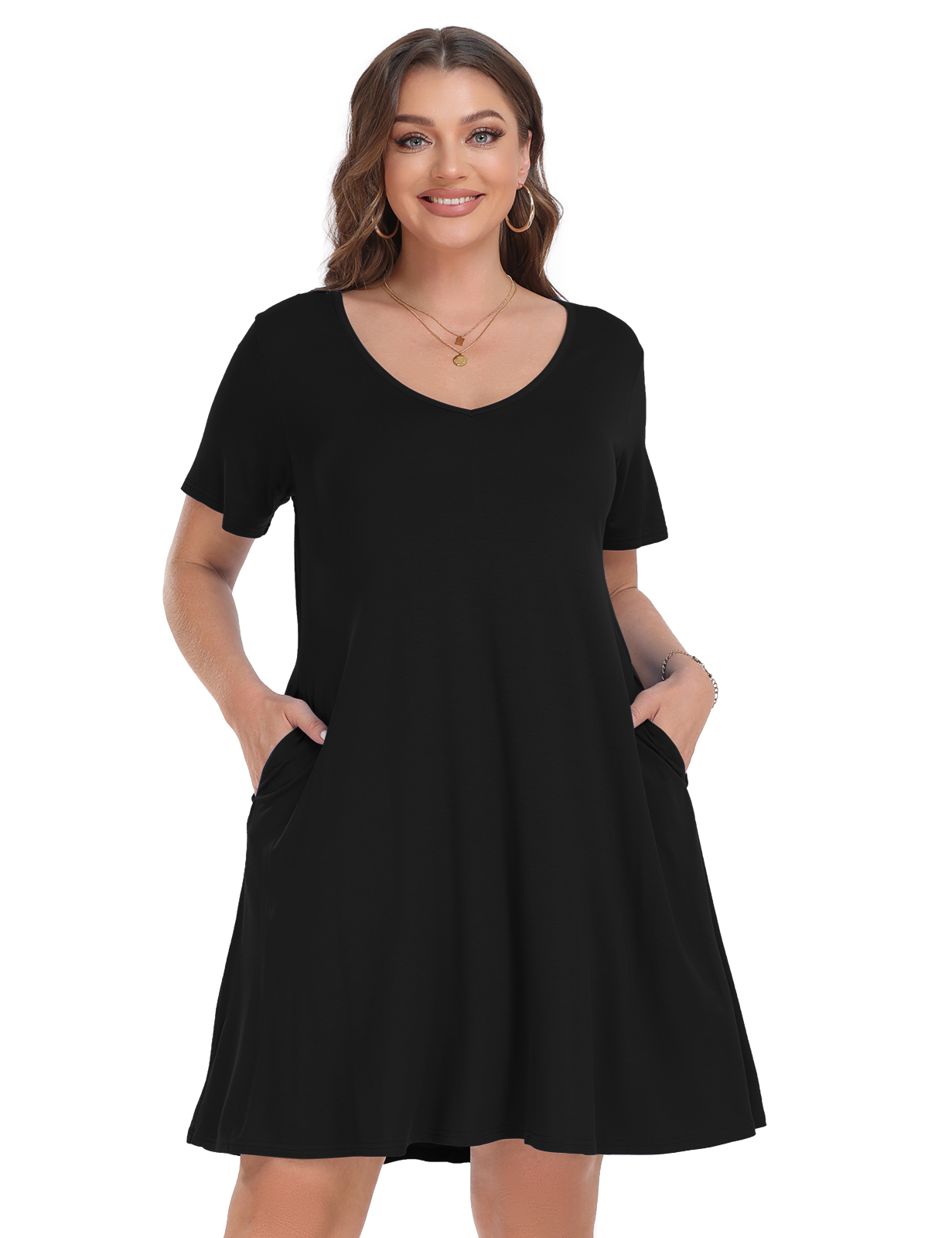 Plus Size Black Dresses 4X for Women, VEPKUL V Neck T Shirt Dress 2024 Short Sleeve Casual Loose Swing Summer Dress with Pockets - image 5 of 9
