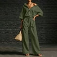 thumbnail image 6 of Women's Linen 2 Piece Outfit Oversized Button Down Shirts High Waist Pleated Wide Leg Pants Matching Tracksuit Set office Casual Outfits Green, 6 of 7
