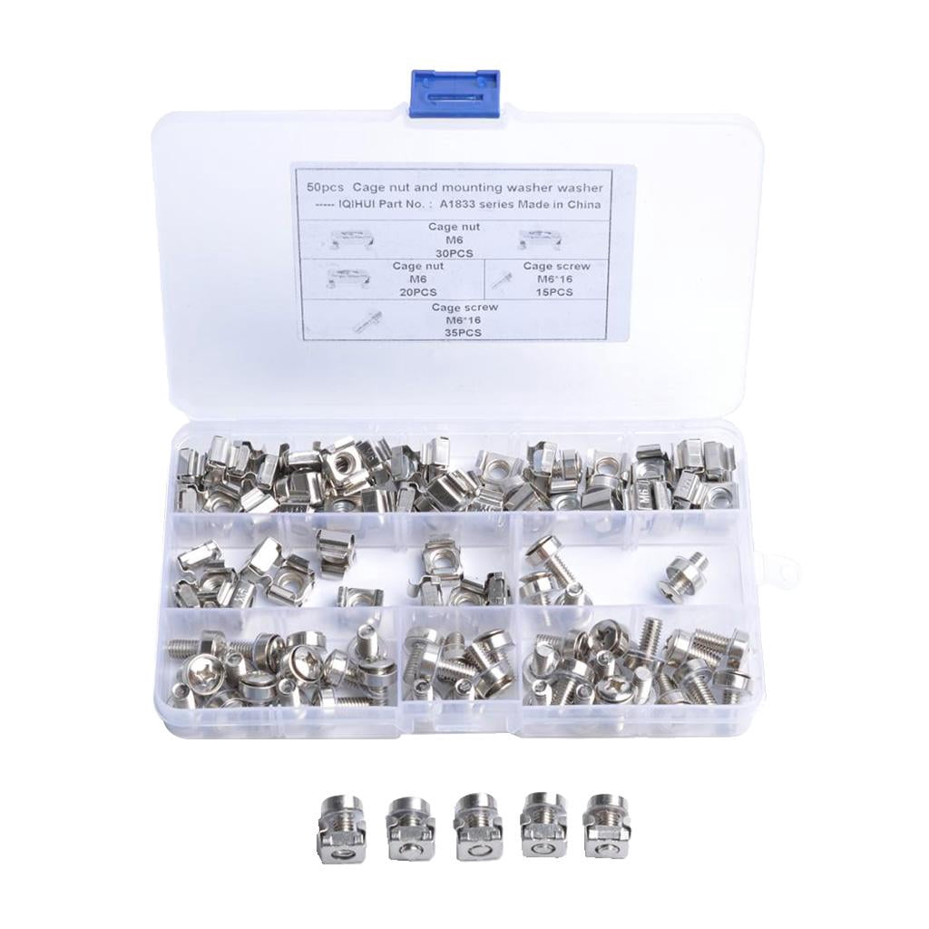 50 Mount Cage Nuts, Screws and Washers for Rack Mount Server Cabinet, Rack Mount Server Shelves, Routers, (M6 x 16mm)