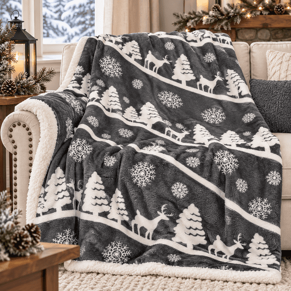 Serafina Home Plush Sherpa Throw Blanket: Deer in Snowy Woodland Silhouette (Charcoal Grey)