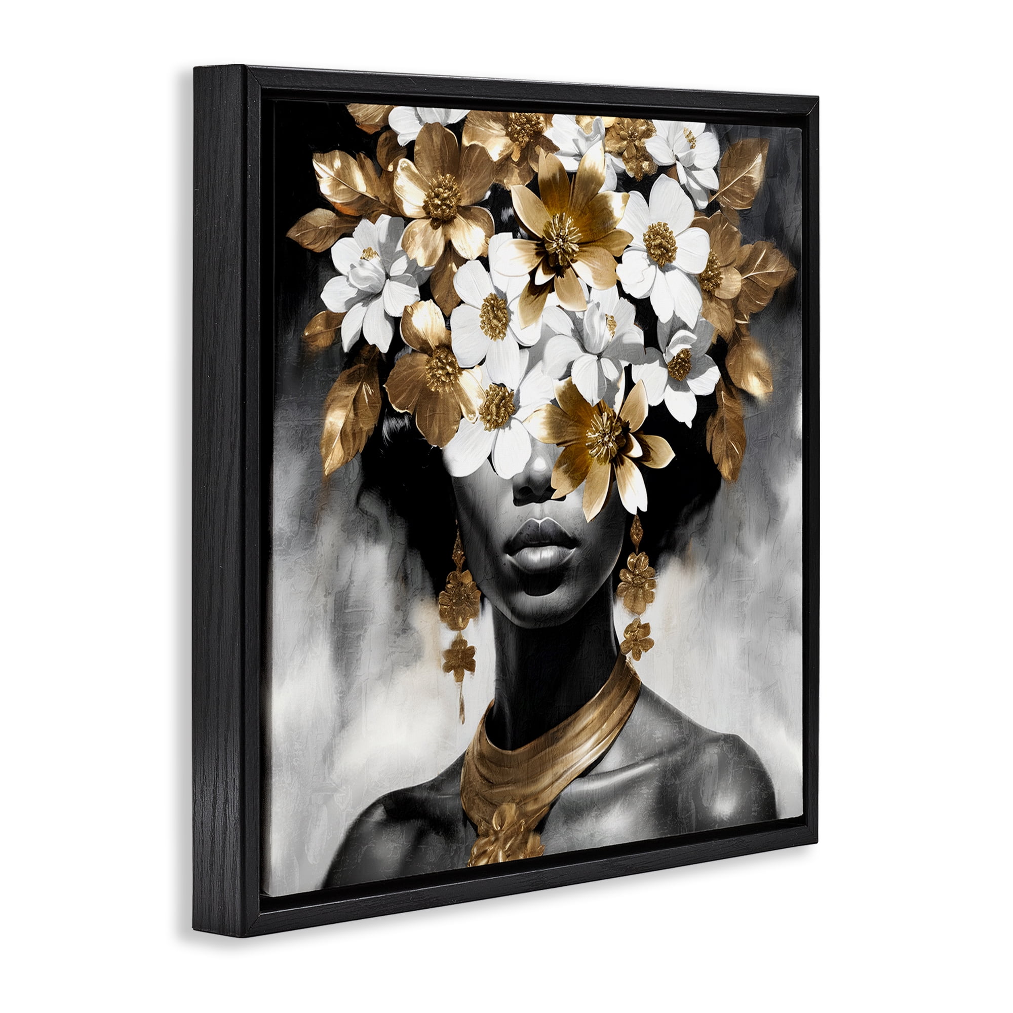 Stupell Industries Woman & Gold Flowers People Painting Black Floater Framed Canvas Art Print Wall Art, 25 x 25